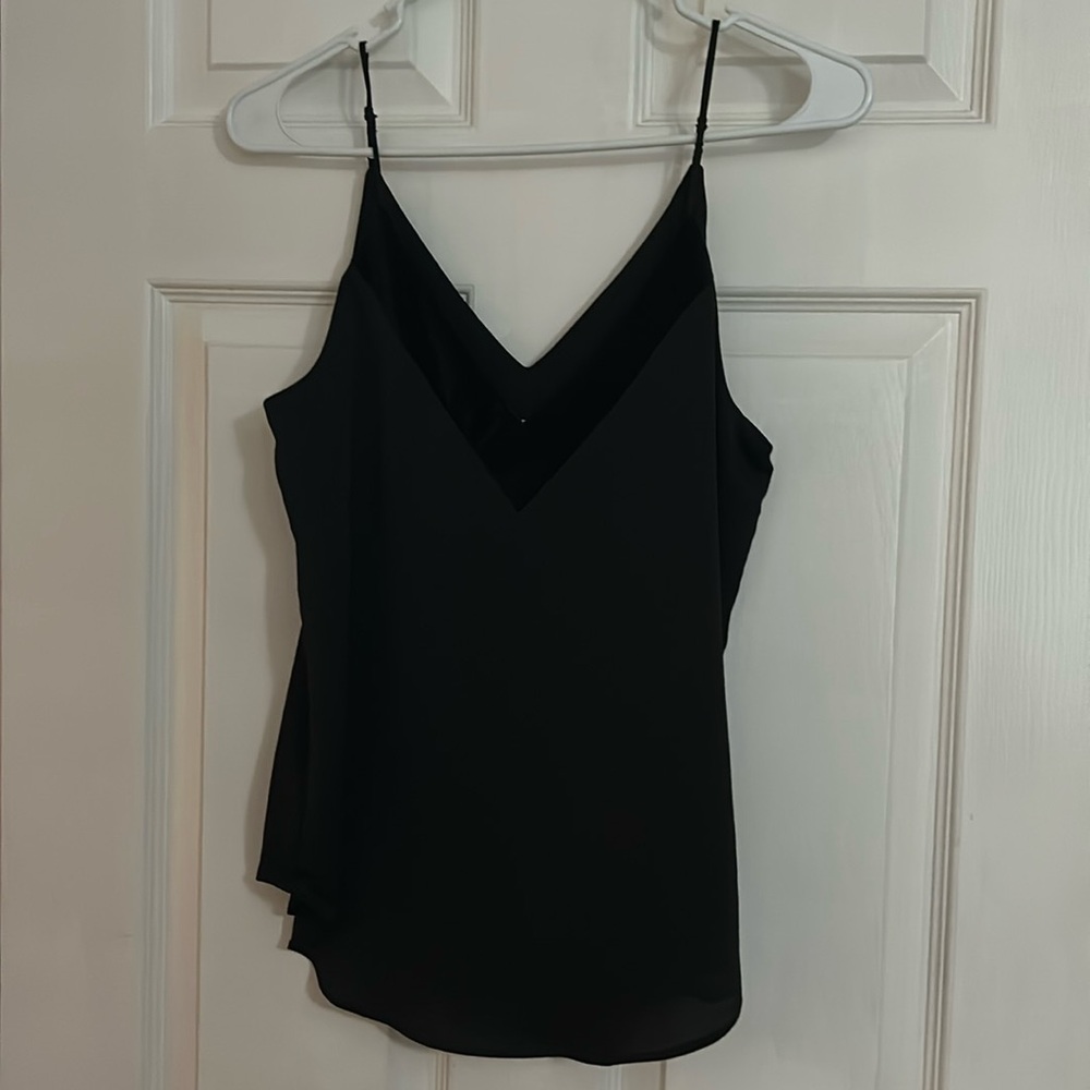 Lined black silk tank top with velvet trim